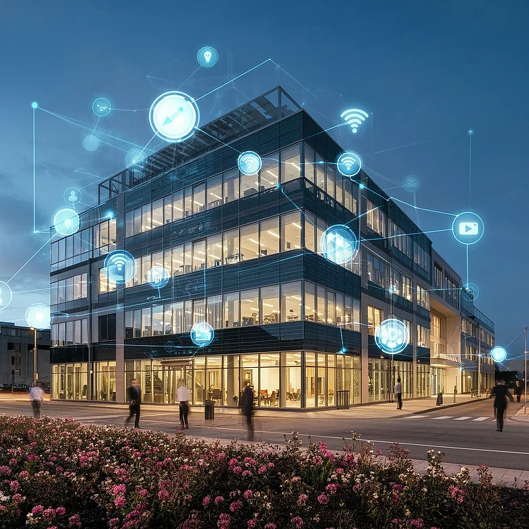 Commercial building that illustrates Integrated Building Systems through lighting control, energy management, automated scheduling control, sensors and IoT Data management.