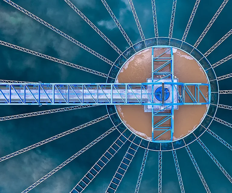 Aerial view of the circular clarifier at the water treatment plant, industrial infrastructure, environmental technology, sustainable