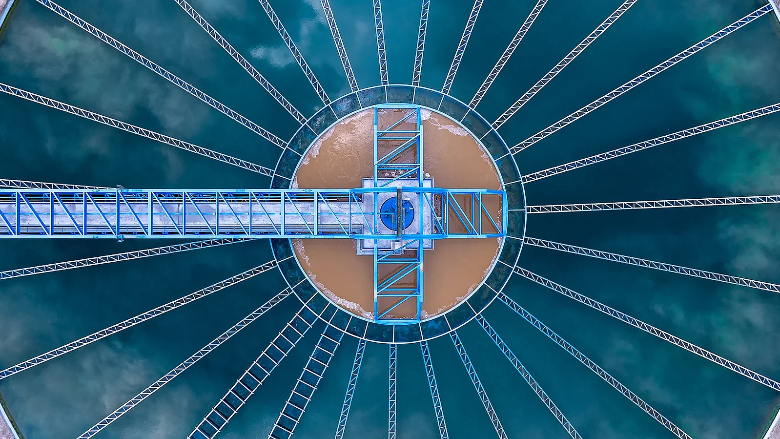 Aerial view of the circular clarifier at the water treatment plant, industrial infrastructure, environmental technology, sustainable