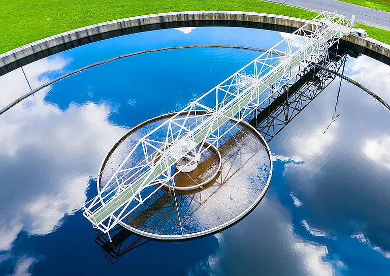 A sewage treatment plant from above. Graywater recycling. Waste management. Ecology and the environment in the European Union.